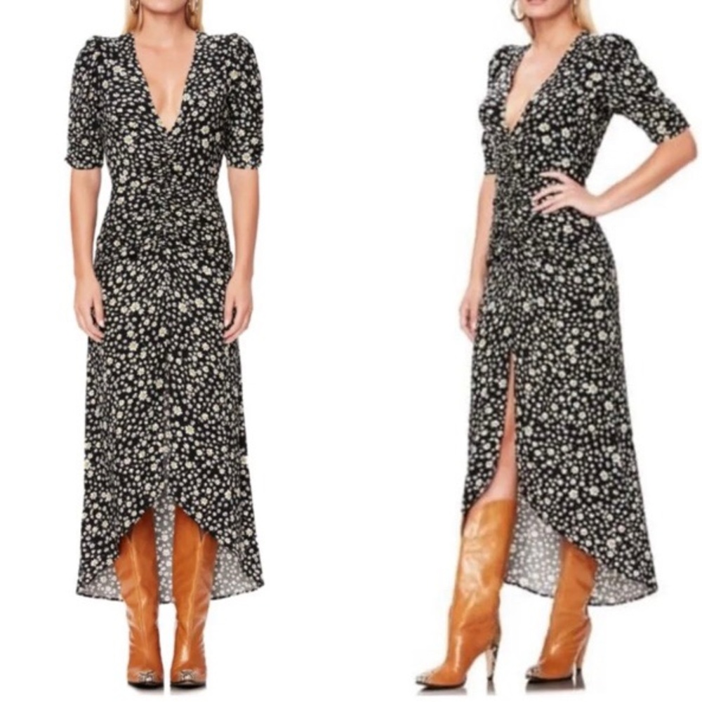 NWT AFRM Black Daisy Ditsy Ruched Midi Dress XS - Picture 1 of 13